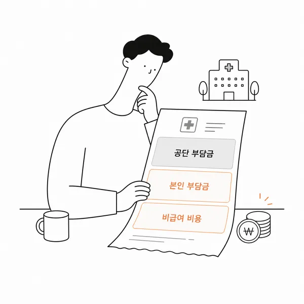 병원비 영수증에서 공단부담금과 본인부담금, 비급여를 구분하는 모습