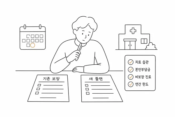 기존 보험과 새 보험의 보장 내용, 치료 습관을 비교하는 사람