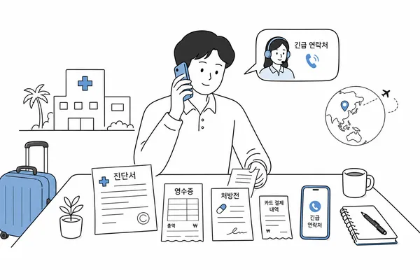 해외 병원에서 보험사 긴급지원센터에 연락하고 청구 서류를 챙기는 여행자 일러스트