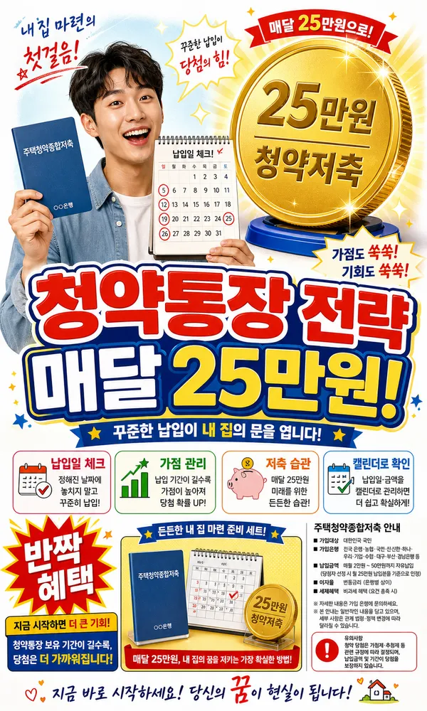청약통장과 달력, 월 25만 원 납입 전략을 보여주는 일러스트