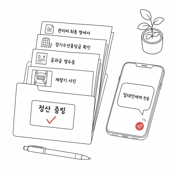 관리비 정산서와 장기수선충당금 확인서, 계량기 사진을 한 폴더에 정리한 일러스트