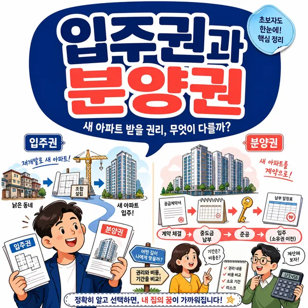 입주권과 분양권의 차이를 비교하는 부동산 권리 안내 일러스트