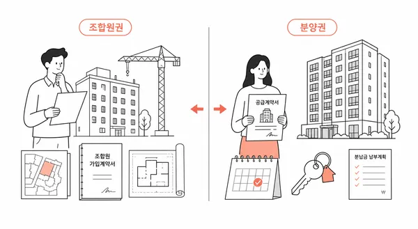재개발 조합원 입주권과 새 아파트 분양권을 나란히 비교한 일러스트