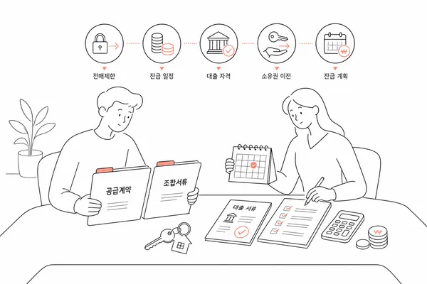 입주권과 분양권 계약 전 서류와 대출, 잔금 계획을 점검하는 일러스트