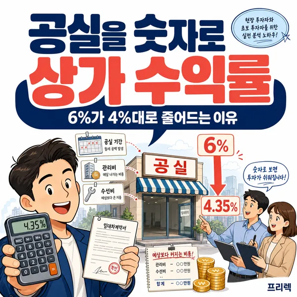 공실 위험을 반영해 상가 수익률이 6퍼센트에서 4.35퍼센트로 낮아지는 과정을 설명한 일러스트