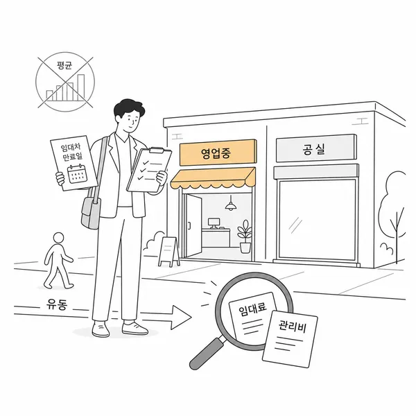 임대차계약서와 주변 빈 점포를 확인하며 상가 공실 위험을 점검하는 투자자 일러스트