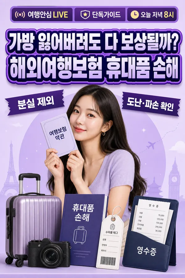 해외여행보험 휴대품 손해 보장 확인 방법을 소개하는 여행 보험 안내 이미지