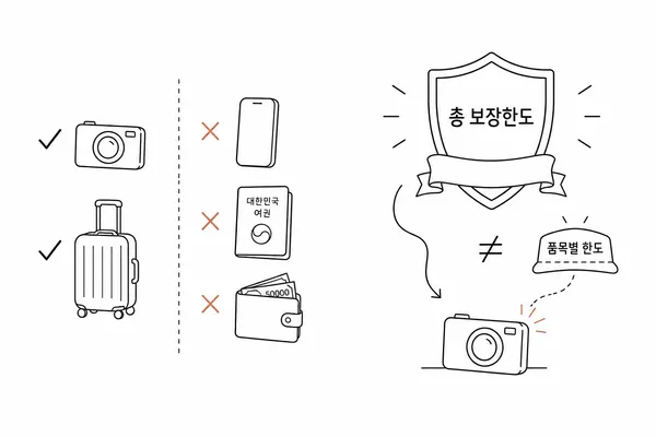 카메라와 캐리어의 보장 대상 여부 및 전체 한도와 물건별 한도 차이를 설명한 일러스트