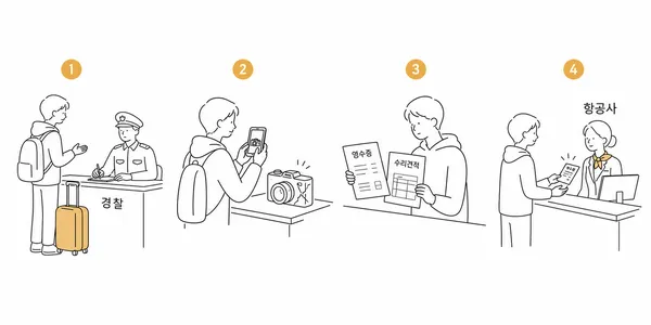 도난 신고, 파손 사진 촬영, 영수증과 수리 견적서 확보, 항공사 사고 확인서를 받는 절차 일러스트