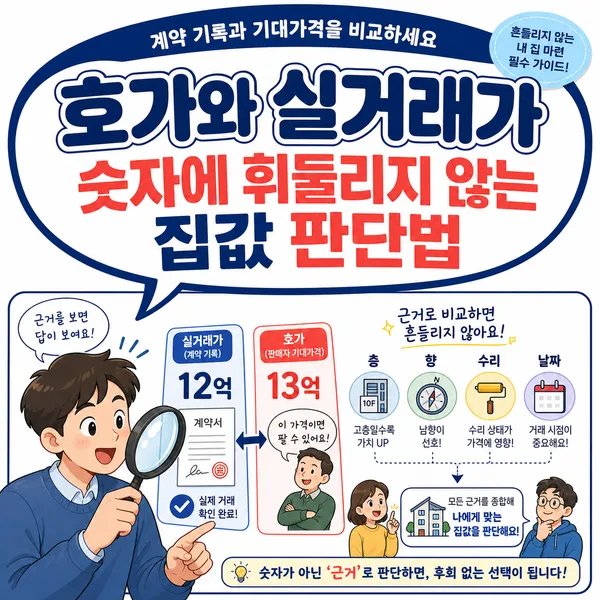 호가와 실거래가를 비교하며 집값을 판단하는 일러스트