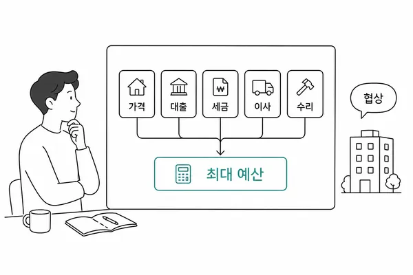 매매가와 대출, 세금, 이사비, 수리비를 포함한 총예산을 점검하는 매수자 일러스트