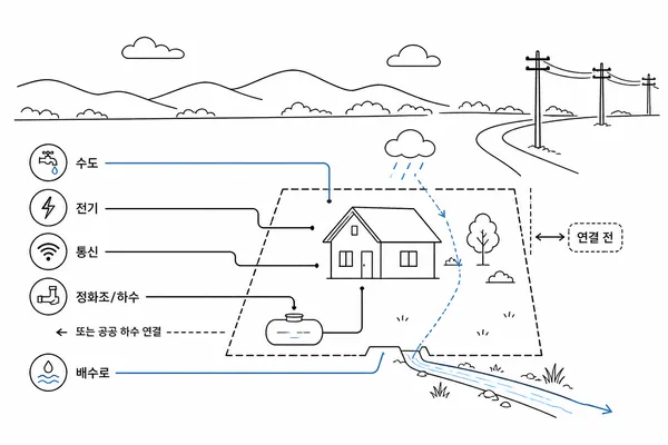 전원주택 부지에 물과 전기, 하수, 통신, 배수 시설을 인입하는 과정을 보여주는 그림