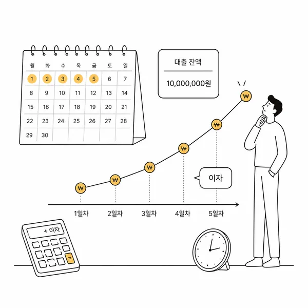 달력과 계산기로 매일 쌓이는 보험계약대출 이자를 확인하는 이미지