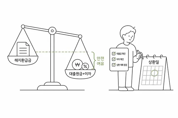 해지환급금과 대출원리금 사이의 안전거리를 점검하는 저울 이미지