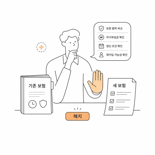 오래된 실손보험과 새 보험의 보장 조건을 비교하며 해지를 보류하는 모습