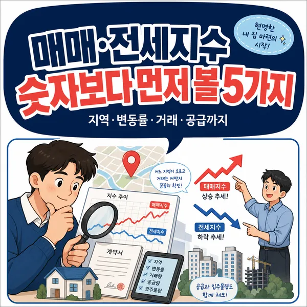 주택 매매지수와 전세지수의 방향을 살펴보는 사람들 일러스트