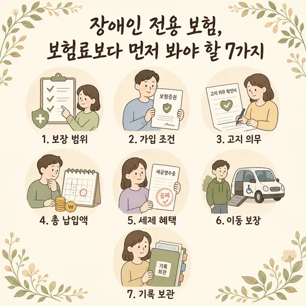 장애인 전용 보험을 비교할 때 살펴볼 일곱 가지 항목을 보여주는 안내 이미지