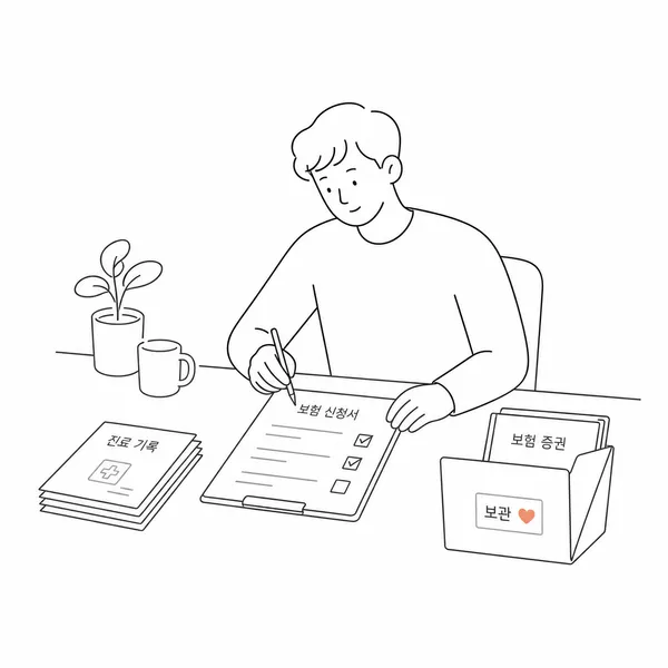 보험 청약서에 건강 정보를 정확히 고지하고 서류를 보관하는 모습