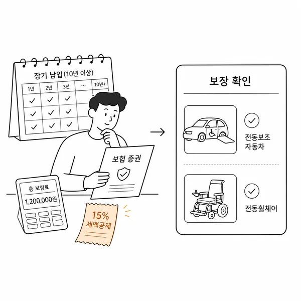 장기 보험료, 세액공제 영수증, 장애인 접근 차량과 전동휠체어 보장을 함께 확인하는 모습