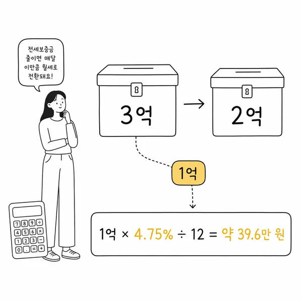 전세 3억 원에서 보증금 2억 원으로 변경할 때 법정 전환율 4.75%로 월세 약 39만 6천 원을 계산한 그림
