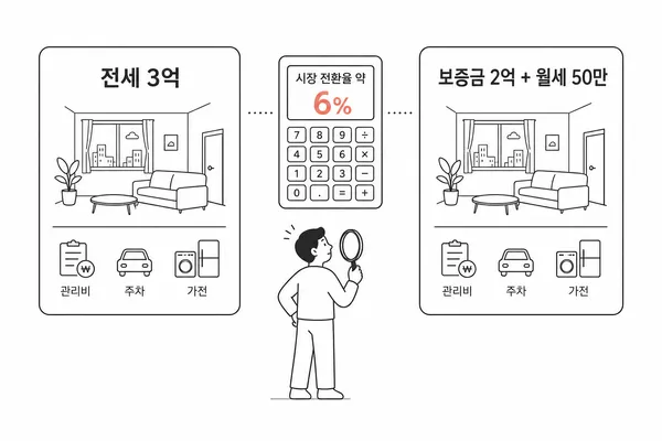 전세 3억 원과 보증금 2억 원 월세 50만 원 매물을 비교해 시장 전환율 약 6%를 확인하는 그림
