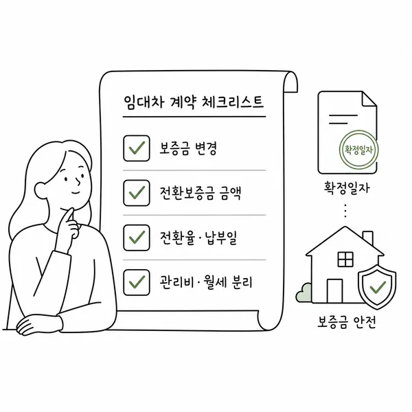 변경 보증금과 전환 금액, 전환율과 지급일, 관리비 분리를 확인하는 반전세 계약서 체크리스트