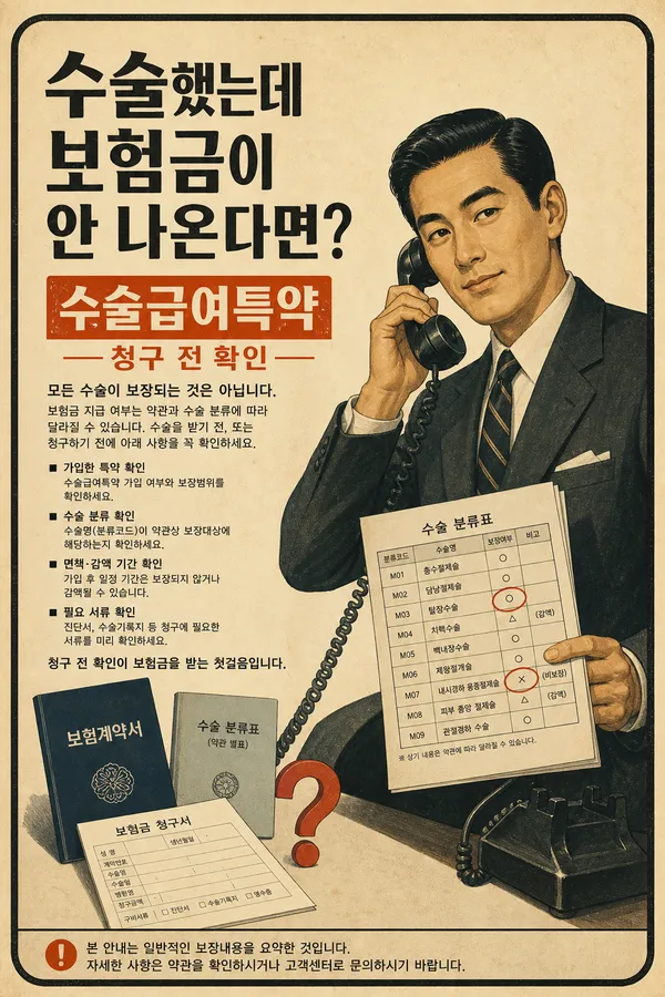 수술비 특약과 수술분류표가 표시된 보험 약관을 확인하는 직장인 일러스트