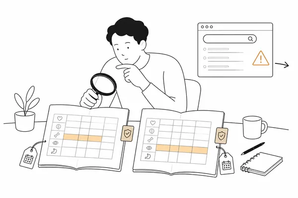 가입 시기와 특약에 따라 다른 보험의 수술분류표를 비교하는 일러스트