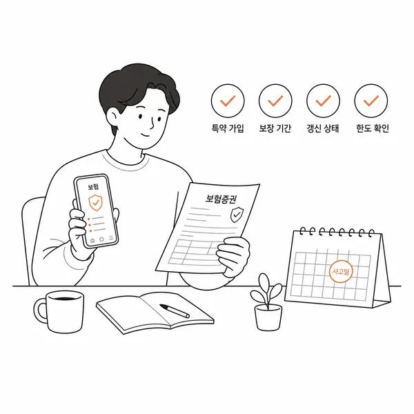 보험증권과 휴대폰 앱으로 일상생활배상책임 특약을 확인하는 모습