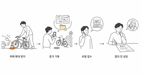 사고 현장 기록 후 보험사에 접수하고 합의 전 상담하는 사고 대응 절차 일러스트