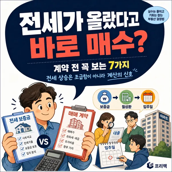 전세 상승 시 매수 전 확인할 7가지를 체크리스트와 계산기로 비교하는 일러스트