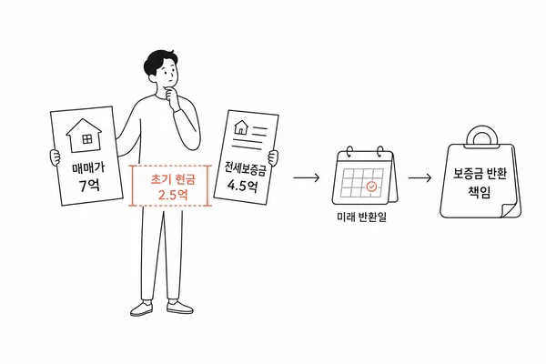 매매가 7억 원과 전세보증금 4억5천만 원의 차이, 향후 보증금 반환 책임을 비교하는 일러스트