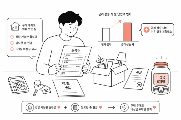 월 상환액, 취득 부대비용, 이사비와 비상자금을 함께 계산하는 주택 구매 예산 일러스트