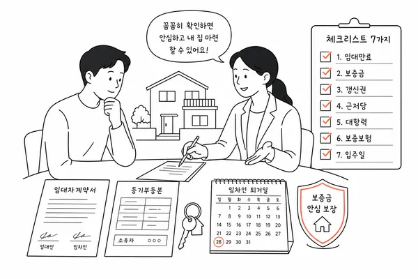 전세 세입자가 있는 주택 매수 전 임대차계약서와 등기부, 입주 일정을 점검하는 일러스트
