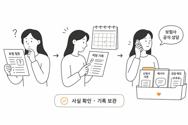 보험 청약 질문과 처방 기록을 확인한 뒤 공식 상담 채널에 문의하는 사람 일러스트