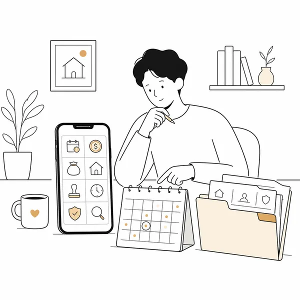 휴대폰과 달력에 전세 계약 만기일, 보증금, 전입신고일을 정리하는 모습