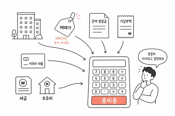 리모델링 아파트의 실질 매수비용을 계산하는 항목 일러스트