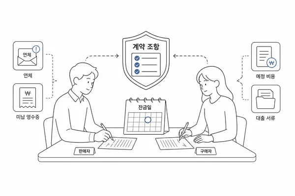 잔금일을 기준으로 리모델링 비용 부담을 나누는 매매계약 일러스트