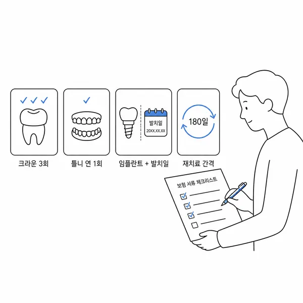 크라운과 틀니의 횟수 제한, 임플란트 발거일, 재치료 간격을 비교한 치아보험 안내 이미지