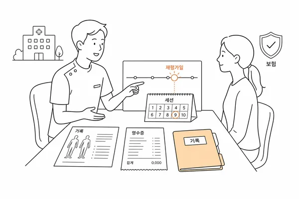 의료진과 환자가 도수치료 계획과 청구 서류를 투명하게 확인하는 상담 장면
