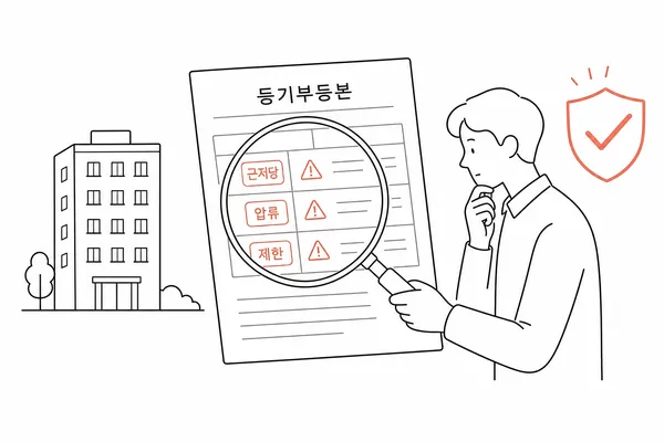아파트 매수인이 잔금 전 등기부등본의 근저당권과 권리 제한 사항을 확인하는 일러스트