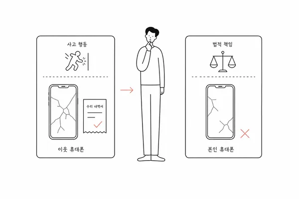 타인의 파손된 휴대폰은 배상책임 검토 대상이고 본인 휴대폰 손해는 다를 수 있음을 보여주는 그림