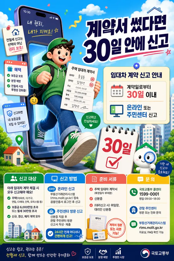 임대차계약서와 30일 달력을 들고 전월세 신고를 안내하는 일러스트